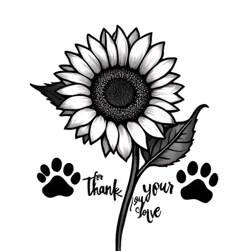 "Thank you for your love ❤️" black and white drawing of a sunflower with the leaves being dog paw prints  tattoo design idea