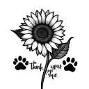 "Thank you for your love ❤️" black and white drawing of a sunflower with the leaves being dog paw prints  tattoo design idea