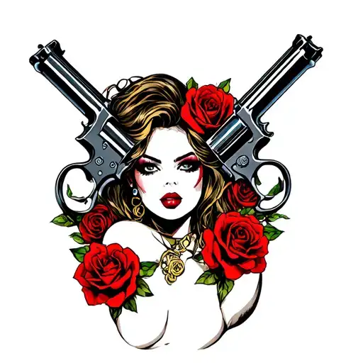 Sexy biker women with guns and roses tangled. Arm Sleeve Tattoo tattoo design idea