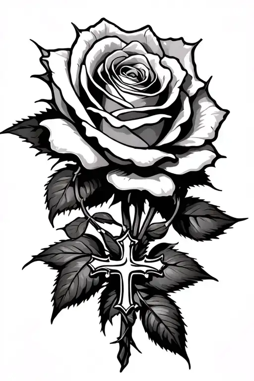 Rose with barbed wire and a orthodox cross under it tattoo design idea