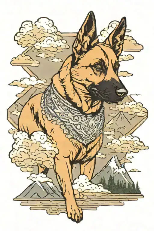 Belgian Malinois with mountains and clouds background tattoo design idea