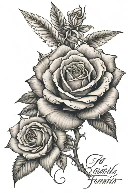 a rose, above the rose the writing "familia" and at the top of the drawing an angel. tattoo design idea