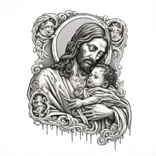 jesus covered in blood holding a baby with heavenly background  tattoo design idea