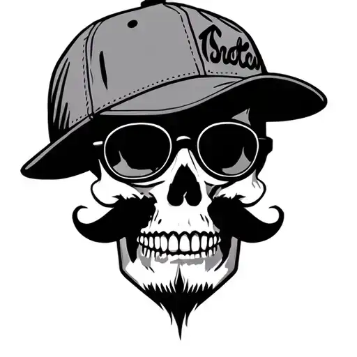 skull with glasses, baseball hat, mustache and goatee tattoo design idea
