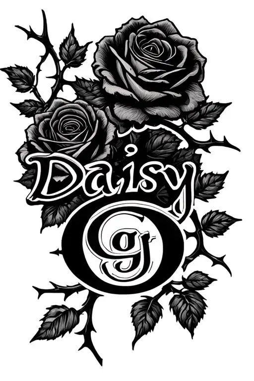 the name "Daisy G" surrounded by roses with thorns tattoo design idea