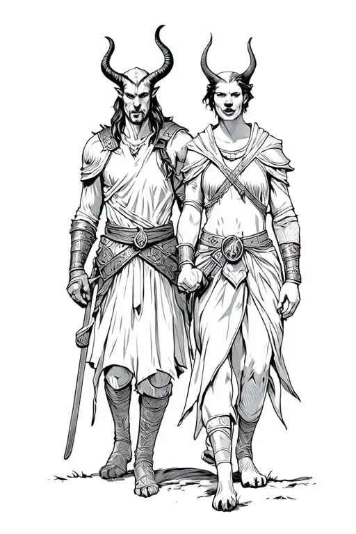 warrior man, tiefling woman and dog medieval fantasy adventuring party scene walking tattoo design idea