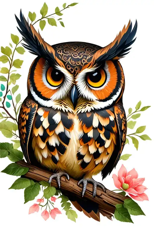 cute owl in forest scene with floral lace accents  tattoo design idea