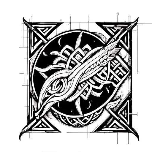 Sketch of a tattoo in Slavic and Scandinavian styles, location on the shoulder and chest, interlacing Scandinavian patte tattoo design idea