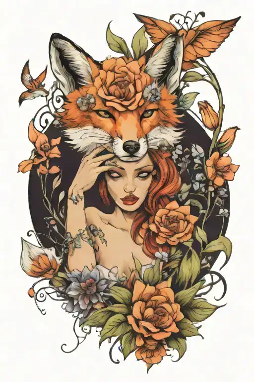 lady and fox and flowers  tattoo design idea