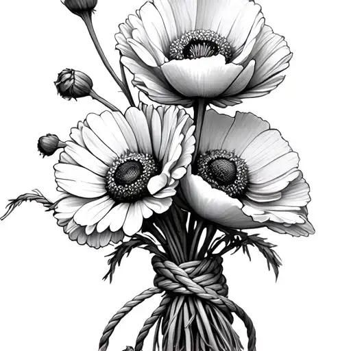 poppy and Daisy bouquet tied together with rope wrapping tattoo design idea