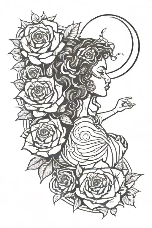 melanin goddess surrounded, moon rising, roses blooming, spiritual tattoo design idea