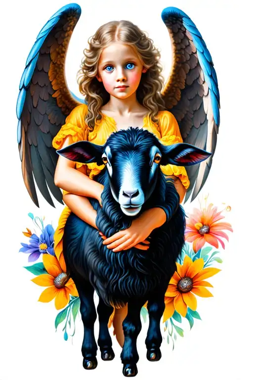 colorful blue-eyed angel embracing a blue-eyed Black sheep tattoo design idea