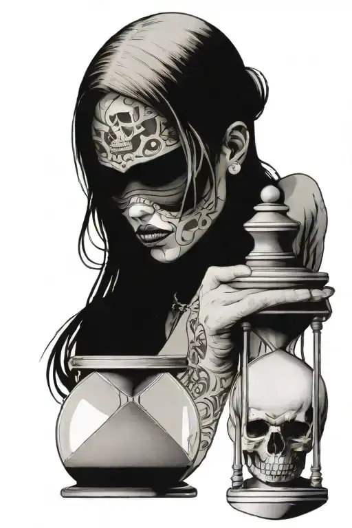A girl with a blindfold on her face with an hourglass in her hands where instead of sand there are skulls of people arou tattoo design idea