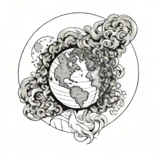 A round shape that resembles planet Earth, on top of the shape a girl with curly hair sits tattoo design idea