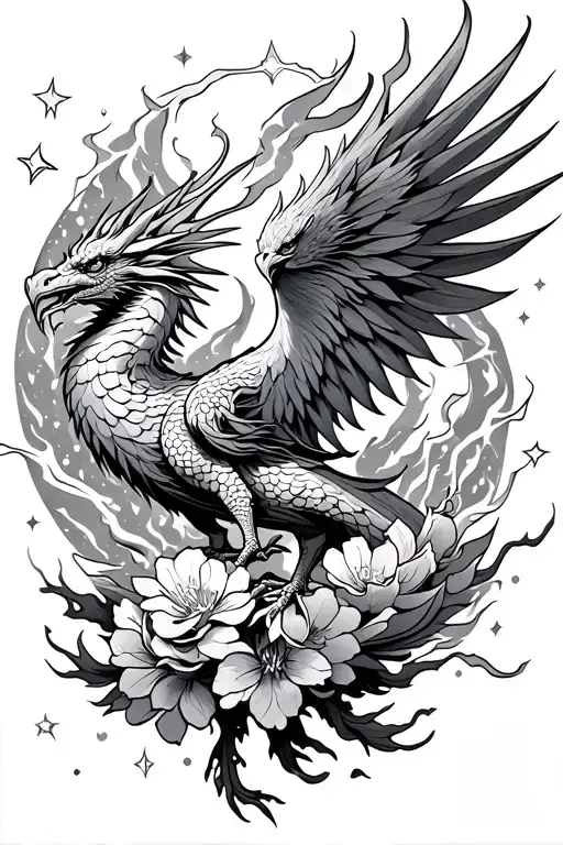 cherry blossoms, cosmic elements like stars, a dragon, and arcs of lightning surrounding the phoenix with flames tattoo design idea