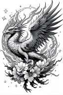 cherry blossoms, cosmic elements like stars, a dragon, and arcs of lightning surrounding the phoenix with flames tattoo design idea