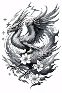 cherry blossoms, cosmic elements like stars, a dragon, and arcs of lightning surrounding the phoenix with flames tattoo design idea