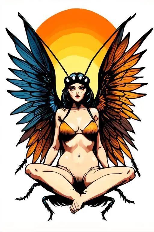 full length image of winged insect with a slender body, sitting down with knees up playing ps5 tattoo design idea