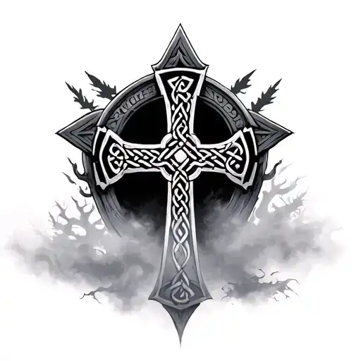 ancient celtic graveyard with prominent celtic cross and fog tattoo design idea