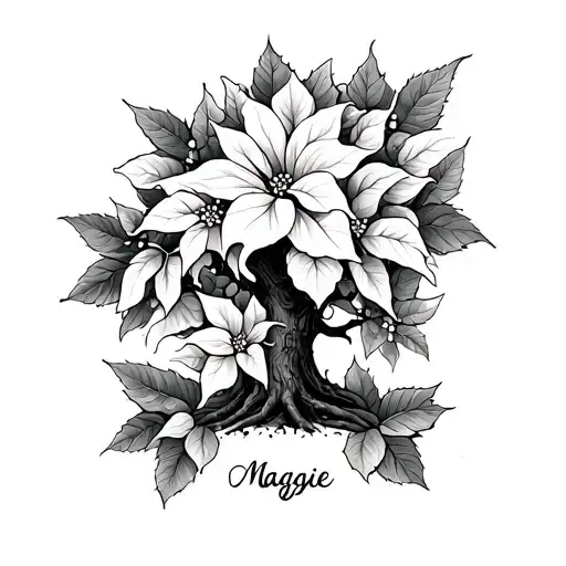 money tree and poinsettia flowers mixed in design with the name Maggie on the wrist  tattoo design idea