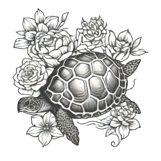 small fine line turtle that has a science beaker on its back with flowers in it  tattoo design idea