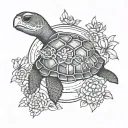 small fine line turtle that has a science beaker on its back with flowers in it  tattoo design idea