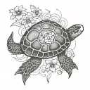 small fine line turtle that has a science beaker on its back with flowers in it  tattoo design idea