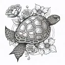 small fine line turtle that has a science beaker on its back with flowers in it  tattoo design idea