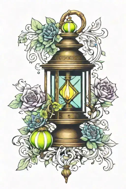 lantern with peridot and alexandrite gemstones tattoo design idea