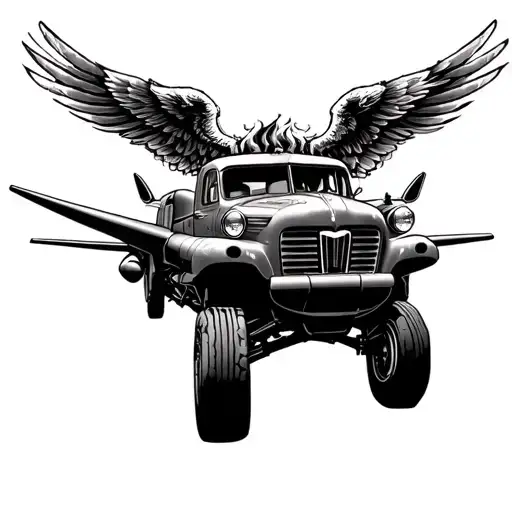 Halo warthog truck with eagle wings and exhaust flames, in that traditional WWII bomber pin-up  tattoo design idea