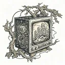 An old TV with several flickering "game over" signs and branches coming off the TV tattoo design idea