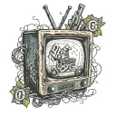 An old TV with several flickering "game over" signs and branches coming off the TV tattoo design idea