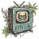 An old TV with several flickering "game over" signs and branches coming off the TV tattoo design idea