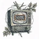 An old TV with several flickering "game over" signs and branches coming off the TV tattoo design idea