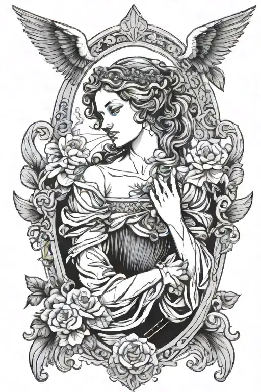 Renaissance-inspired woman of angels tattoo design idea