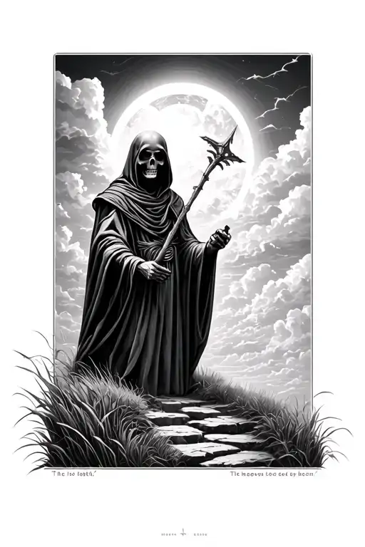 the grim reaper "the path to heaven has long been overgrown with grass" showing heavens gate, a realistic sky tattoo design idea