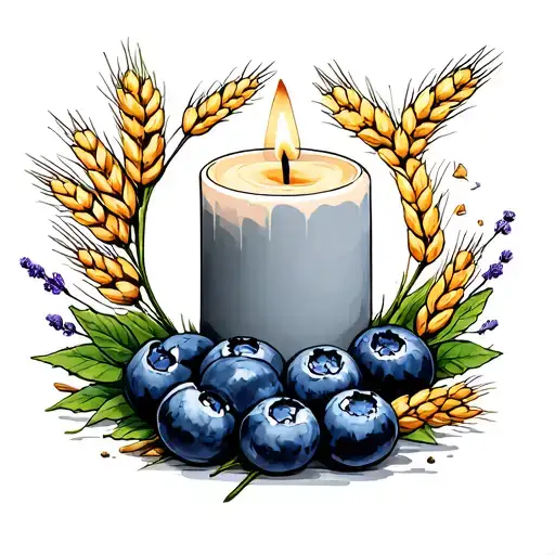 blueberries, wheat, heather, candle, moon tattoo design idea
