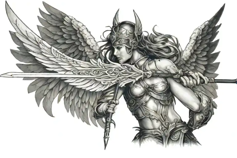 Valkyrie warrior with katana wings emerging from her back tattoo design idea