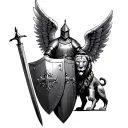 crusader knight with sword and shield and  angel wings and a lion tattoo design idea