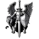 crusader knight with sword and shield and  angel wings and a lion tattoo design idea