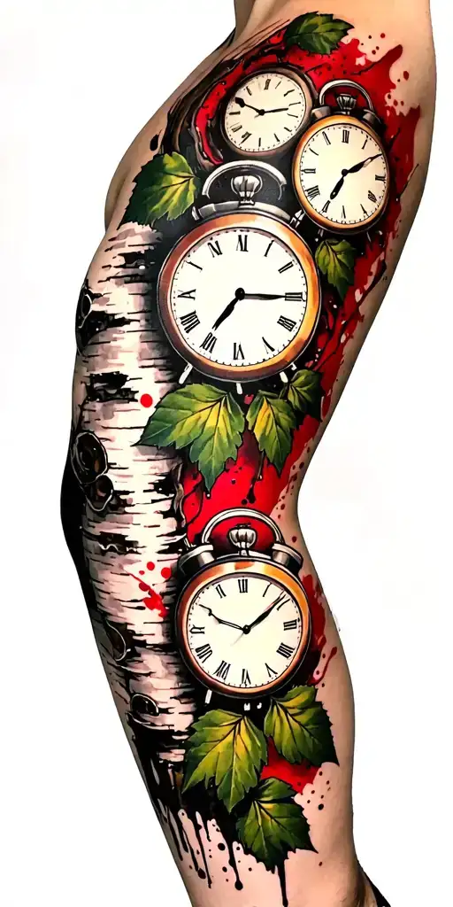 birch branches with hunter green leaves with only three clocks integrated into it for an arm sleeve with no red tattoo design idea