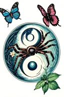 Sign yin and yang a tarantula one thread with 4 leaf with a butterfly tattoo design idea