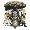avatar the last airbender, the 4 elements like trees. momo and appa on top tattoo design idea