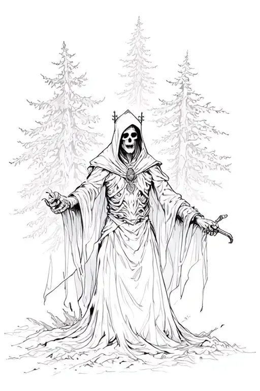 fallen necromancer like figure with a hood and a crown. still fighting and couraegous but worn down. surrounded by trees tattoo design idea
