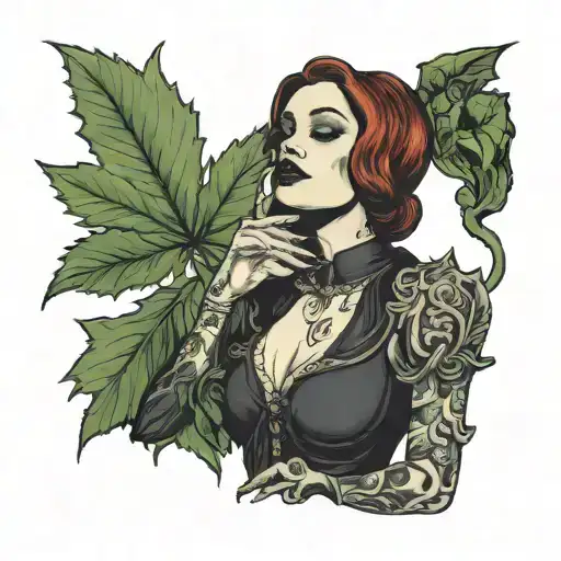 gothic woman smoking a blunt surrounded by weed leaves tattoo design idea