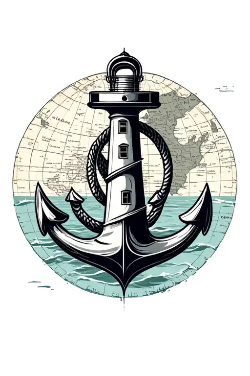 map back ground, anchor intertwined with light house tattoo design idea