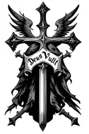 crusader with cross and deus vult written in caligraphy tattoo design idea