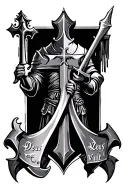 crusader with cross and deus vult written in caligraphy tattoo design idea