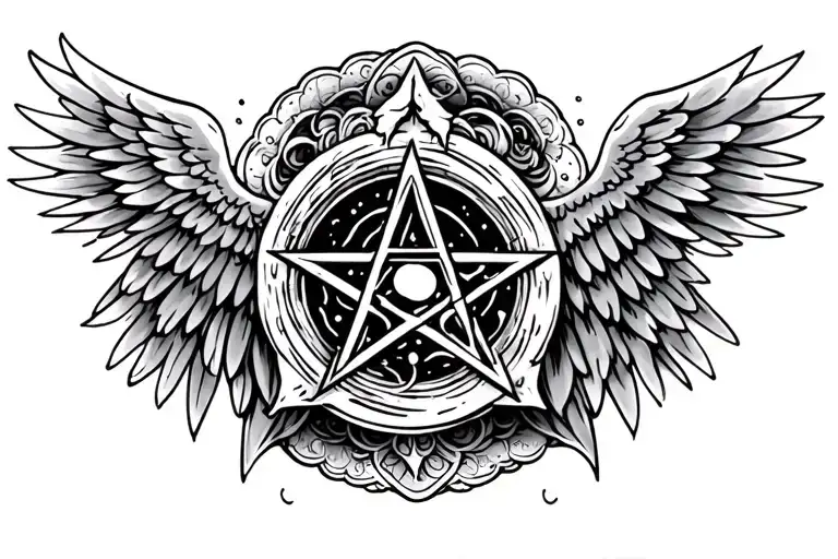 pentacle with angel wings tattoo design idea