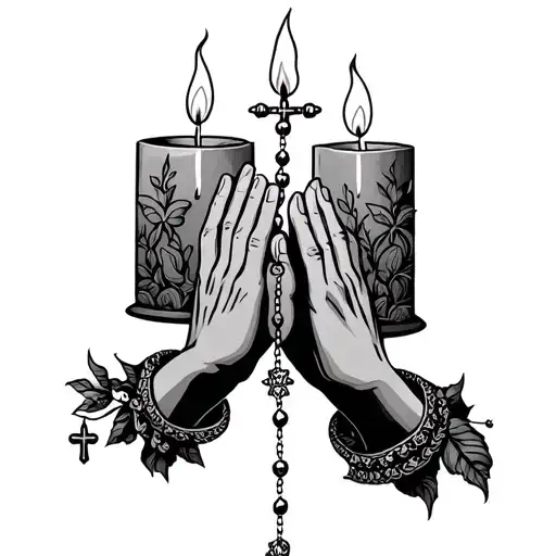 two candle burning at both ends on iether side of praying hands with rosary  tattoo design idea